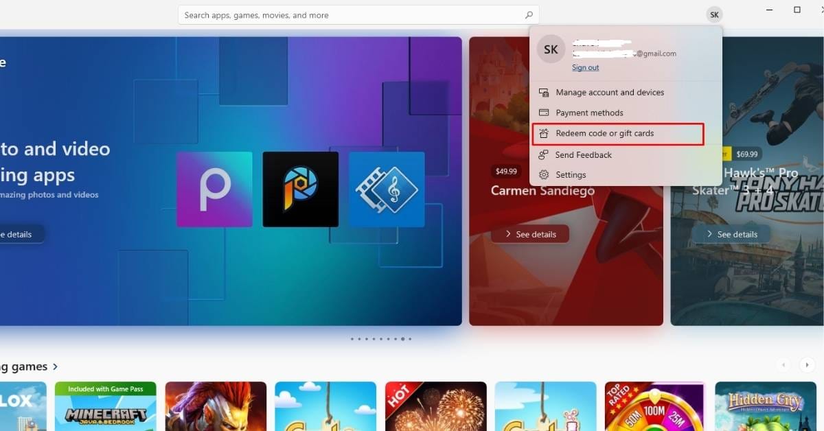 Redeem code option on Microsoft store on windows pc